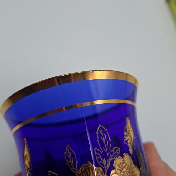 Bohemian Blue Glass Bell With Gold Floral Design - Picture 10 of 10